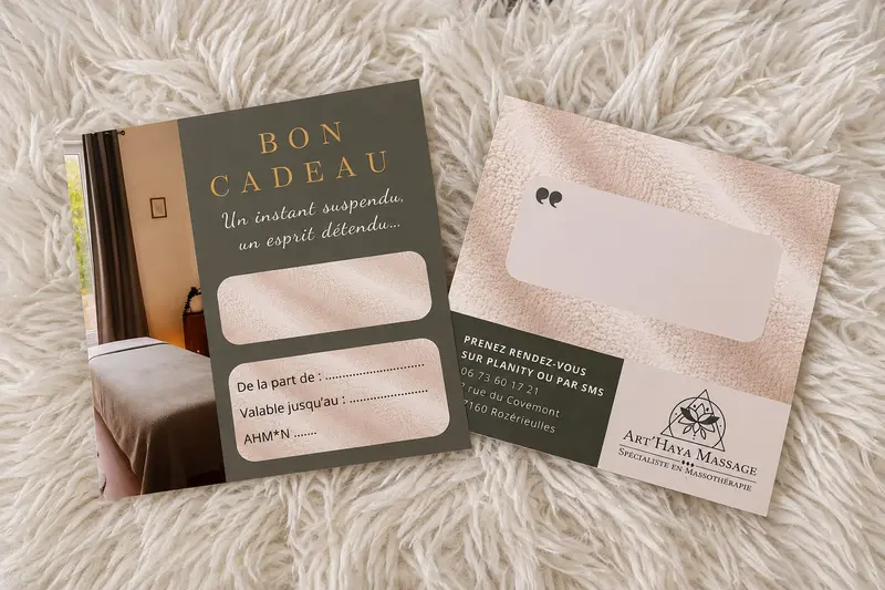 Bons cadeaux Art’Haya Massage posés sur un plaid en fourrure