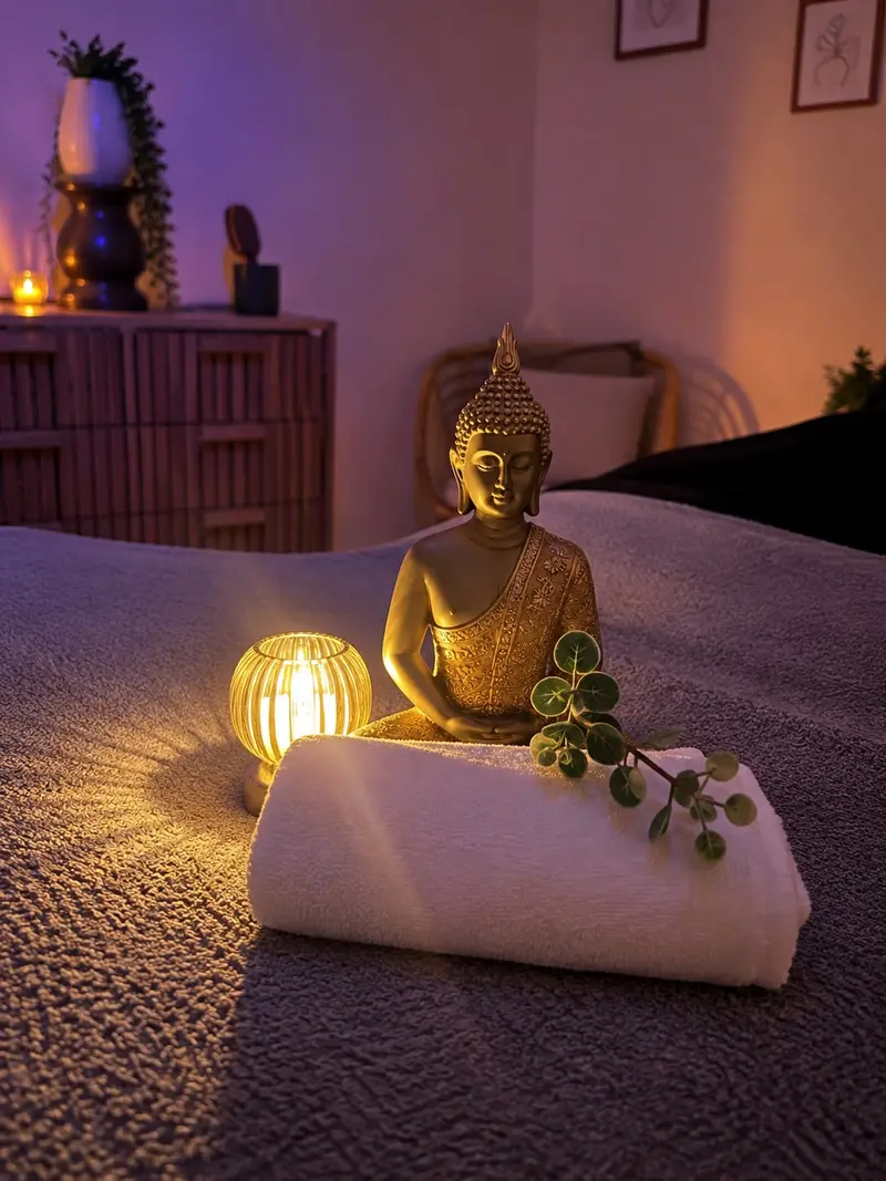 Bouddha doré, bougie et serviette roulée sur la table de massage