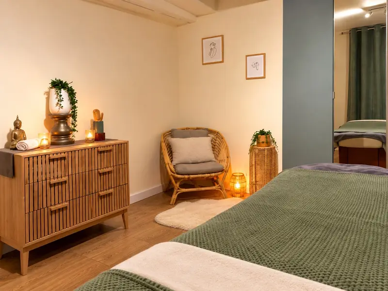 Commode en bois, fauteuil en rotin et lumière tamisée dans la cabine