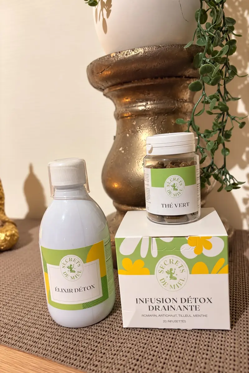 Élixir détox, thé vert et infusion détox drainante Secrets de Miel
