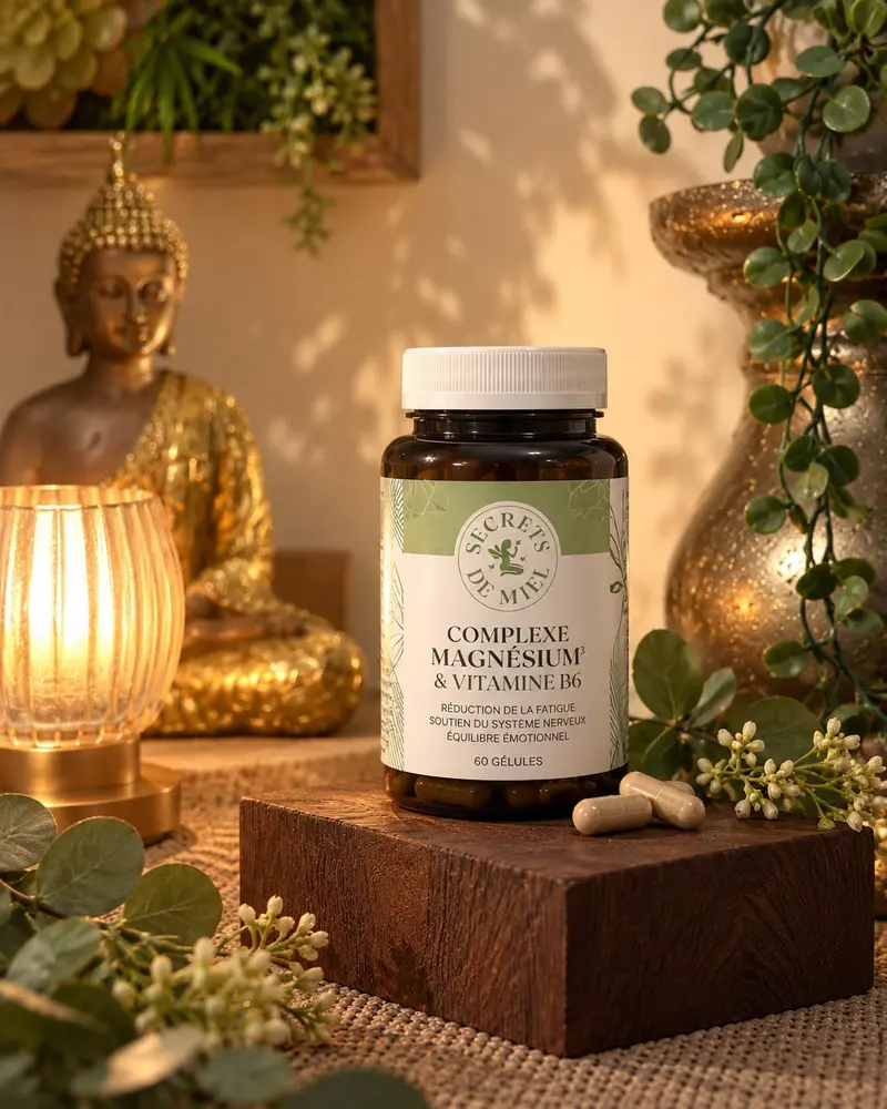 Pot Complexe Magnésium et vitamine B6 Secrets de Miel sur un socle en bois