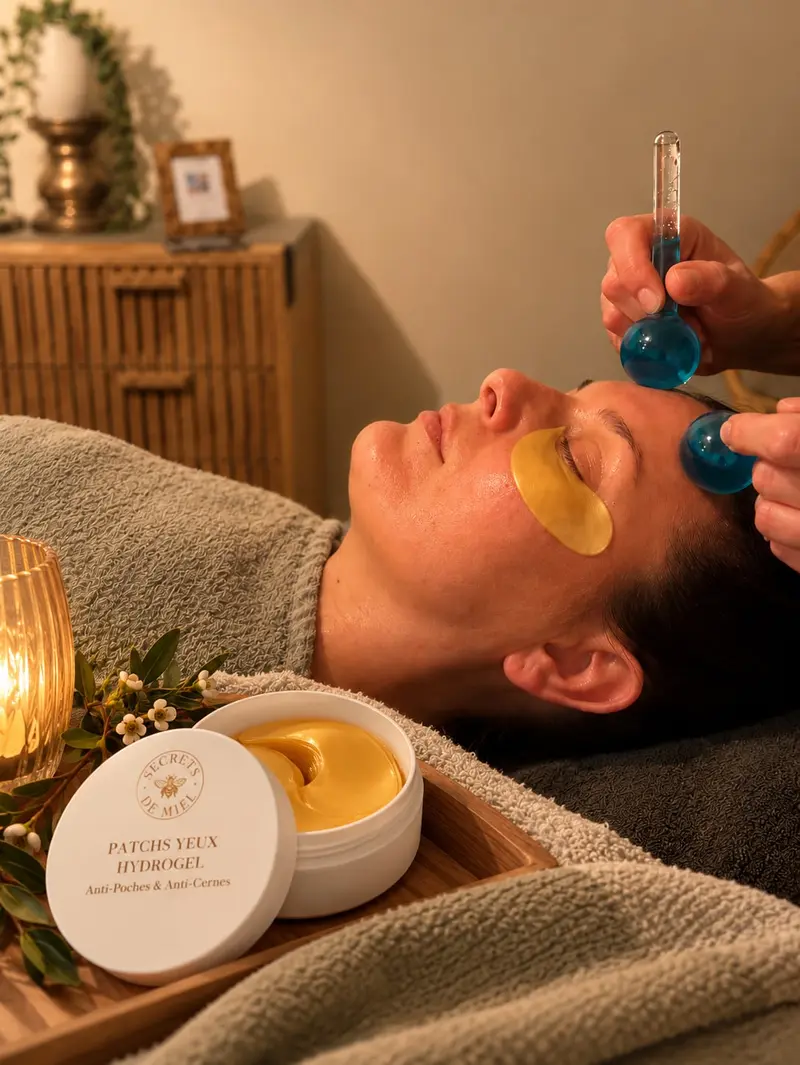 Patchs yeux hydrogel dorés posés pendant un soin du visage, et leur pot