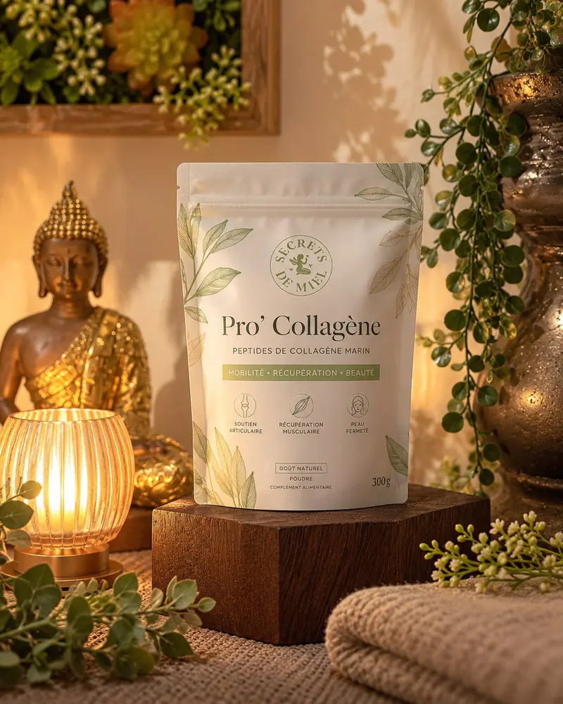 Sachet Pro’Collagène Secrets de Miel dans la cabine, entre un bouddha et une lampe