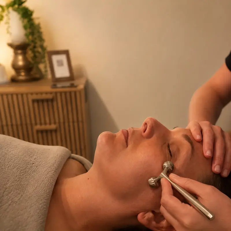 Soin du visage à l’outil métallique, cliente détendue les yeux fermés